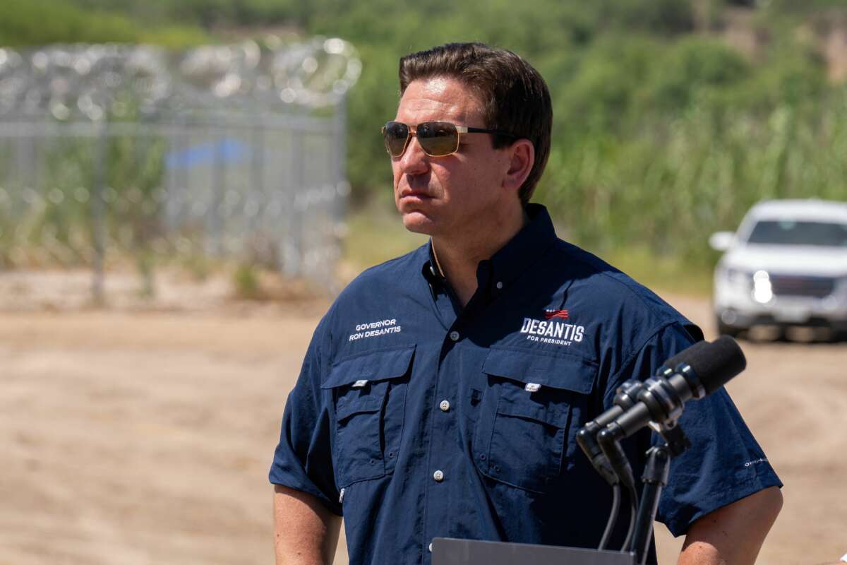 Florida Governor and 2024 Republican Presidential hopeful Ron DeSantis looks on during a news conference near the Rio Grande River in Eagle Pass, Texas, on June 26, 2023.