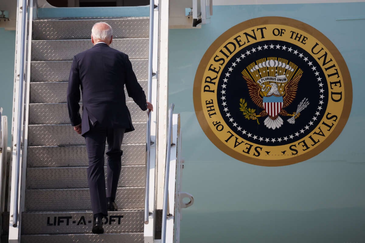 U.S. President Joe Biden boards Air Force One to leave Japan after his South Korea trip at Osan Air Force Base on May 22, 2022, in Pyeongtaek, South Korea.