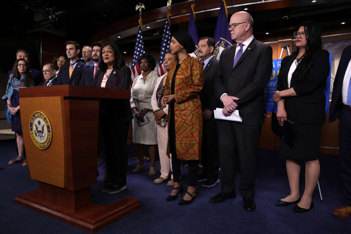 U.S. Rep. Pramila Jayapal speaks during a news conference held by the Congressional Progressive Caucus at the U.S. Capitol on May 24, 2023 in Washington, D.C.