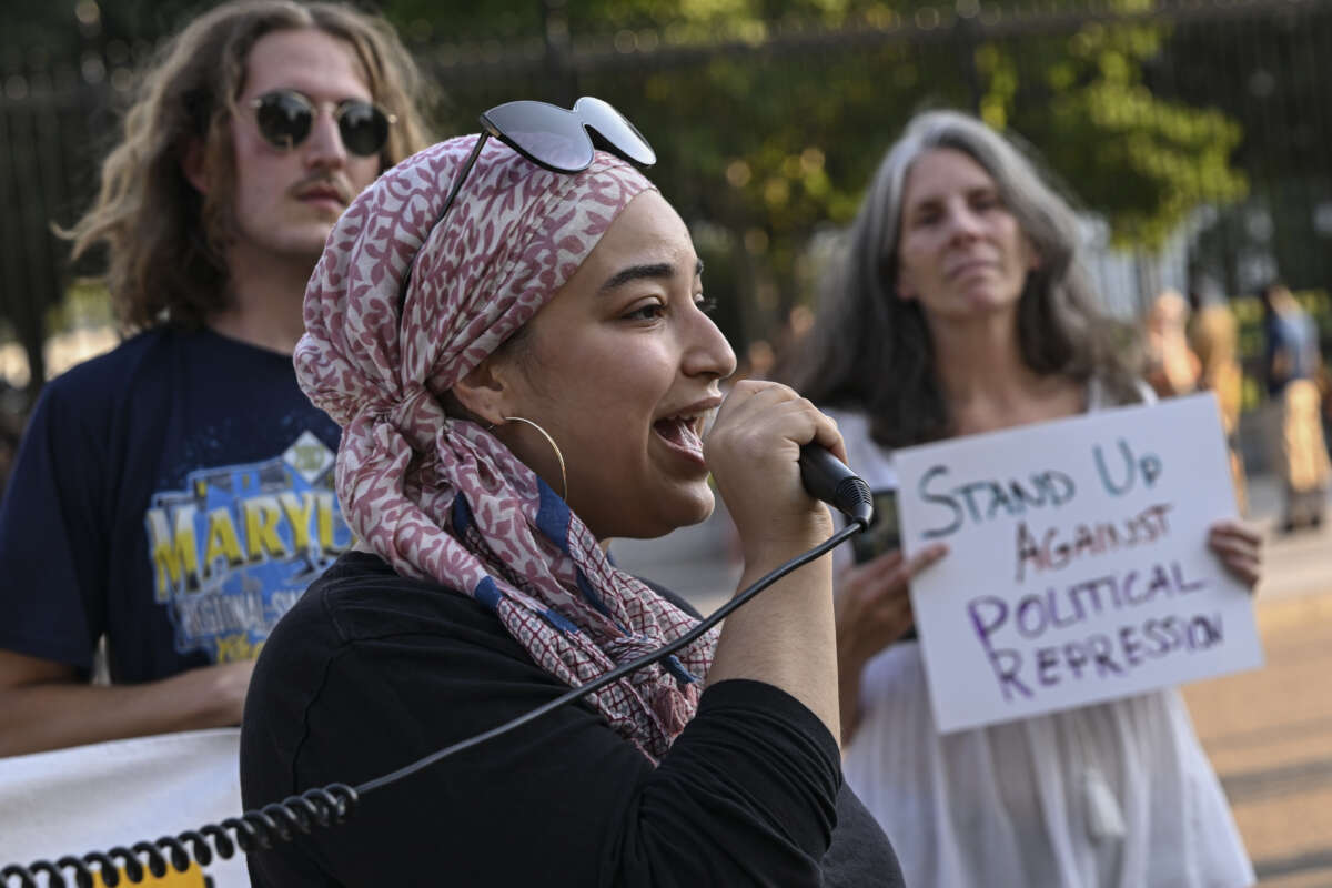 A group of activists hold a rally and a protest outside the White House in Washington, D.C., on July 12 to demand that the charges be dropped against the Tampa 5, five activists who are facing felony charges after being brutalized by police for protesting against the removal of diversity, equity and inclusion initiatives on campus.