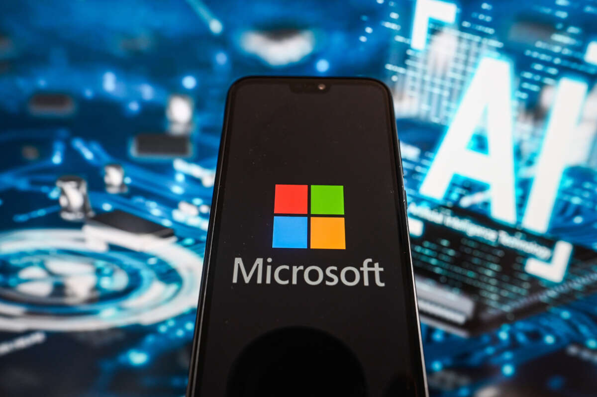 A Microsoft logo is displayed on a smartphone with Artificial Intelligence (AI) symbols in the background.