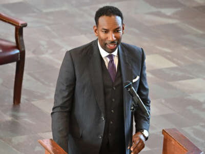 Andre Dickens, Atlanta mayor, speaks onstage during the funeral services of Dr. Christine King Farris, the eldest sister and last living sibling of civil rights leader Dr. Martin Luther King Jr., at Ebenezer Baptist Church on July 16, 2023, in Atlanta, Georgia.