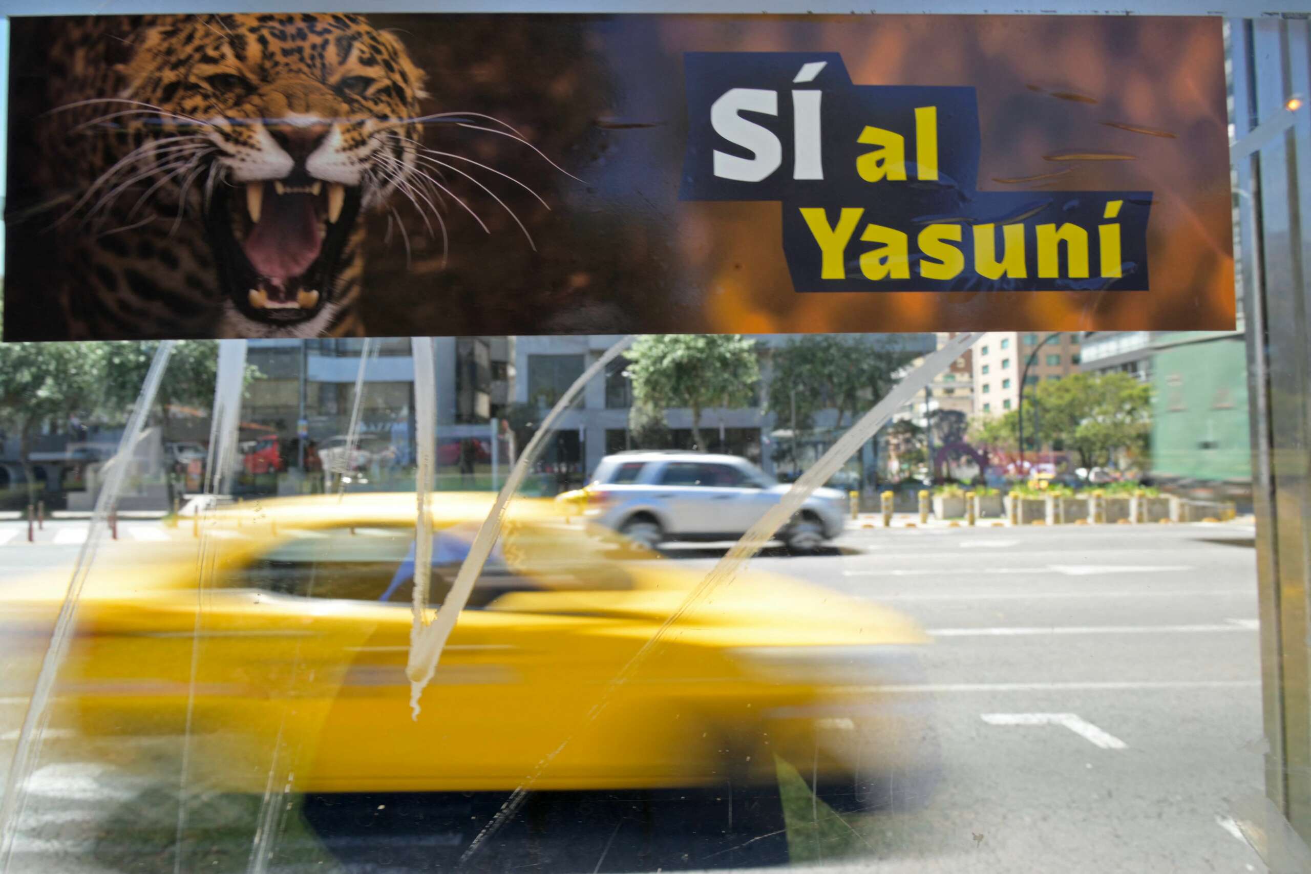 "Si al Yasuni" sticker at bus station in Quito, Ecuador