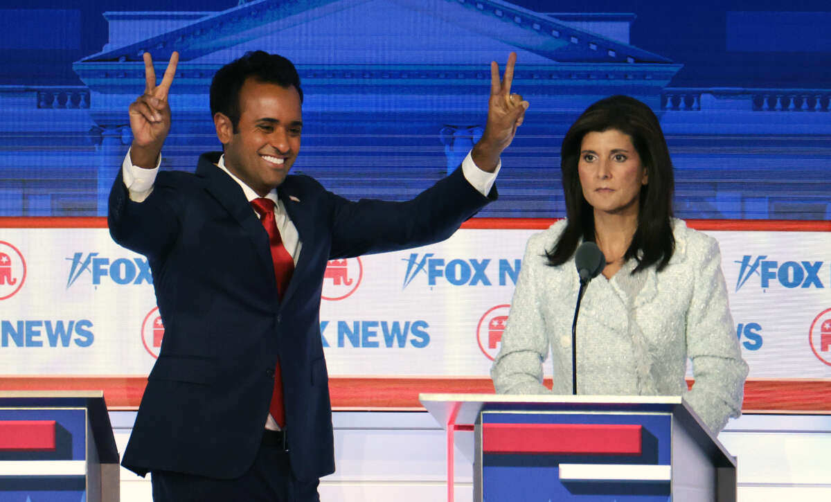 Republican presidential candidates Vivek Ramaswamy (L) and former U.N. Ambassador Nikki Haley participate in the first debate of the GOP primary season hosted by FOX News at the Fiserv Forum on August 23, 2023 in Milwaukee, Wisconsin.