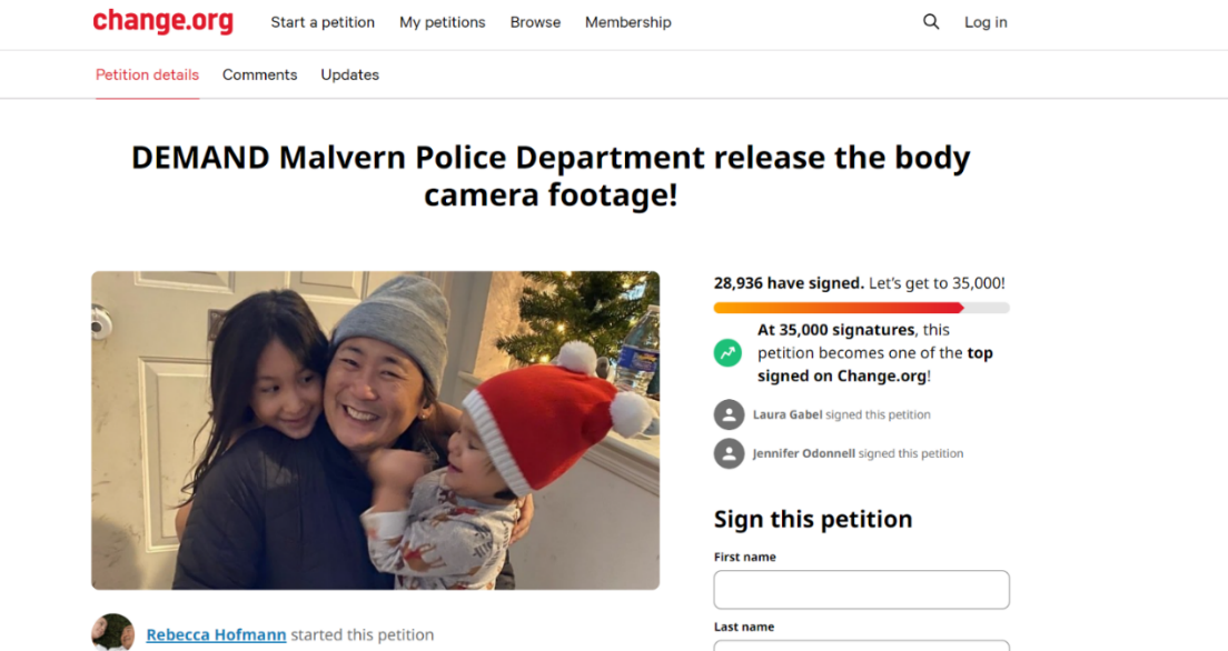 A screen shot of a Change.org petition, reading "DEMAND Malvern police Department release the body camera footage. It had been signed 28,936 times.