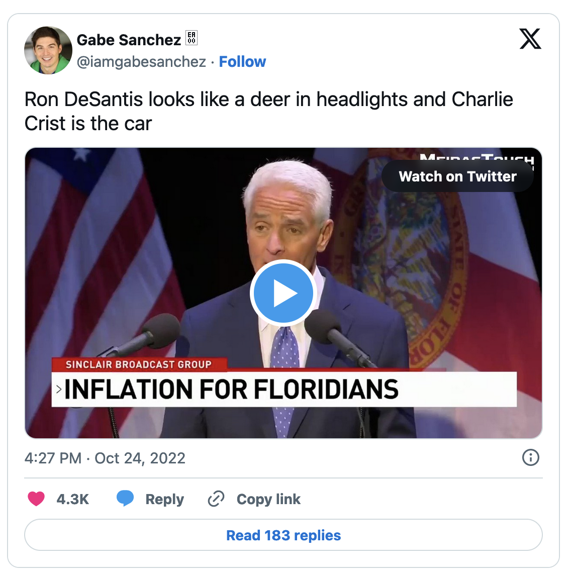 Tweet about Ron DeSantis looking like a deer in headlights and Charlie Crist is the car with clip of debate