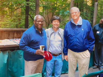 Supreme Court Justice Clarence Thomas was at the Bohemian Grove, a secretive all-men’s retreat in Northern California, with billionaire industrialist David Koch, right, and Ken Burns, whose films Koch has financially supported.