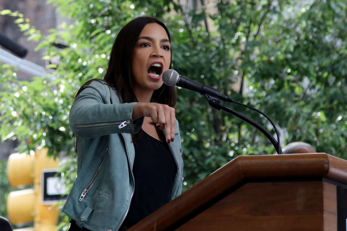 Rep. Alexandria Ocasio-Cortez speaks at the end of the rally to end fossil fuels ahead of the 78th United Nations General Assembly and Climate Ambition Summit in New York on September 17, 2023.