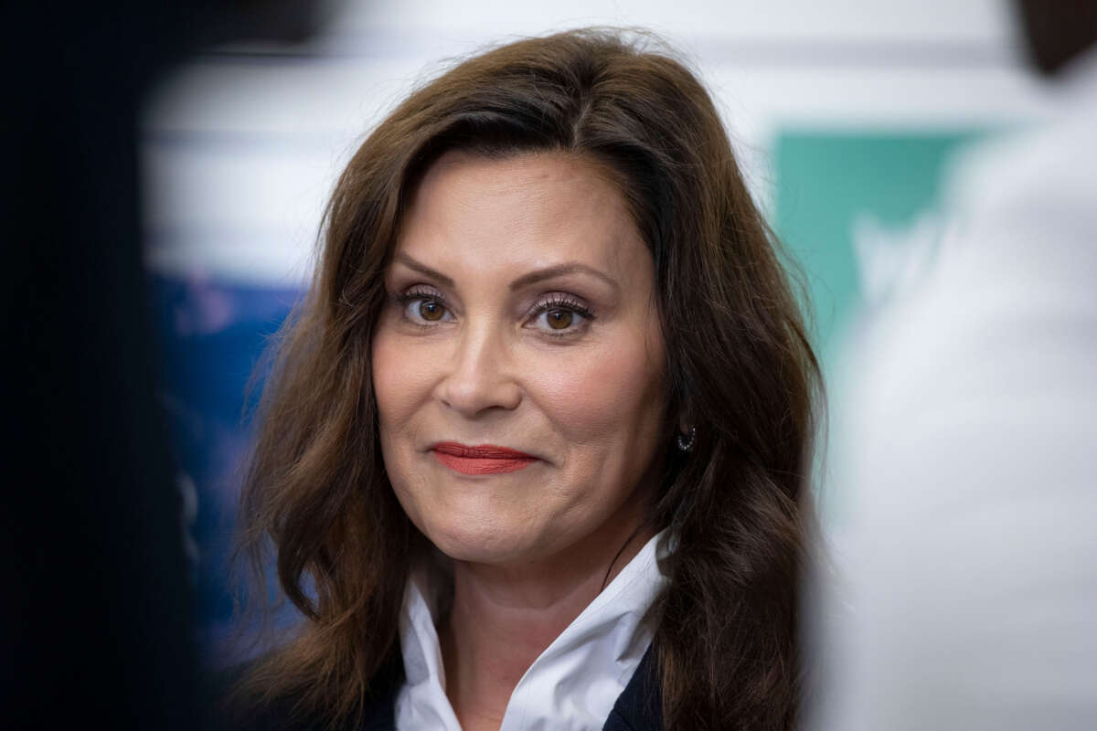 Michigan Gov. Gretchen Whitmer meets with volunteers for canvass kickoffs on Michigan Primary Election Day on August 2, 2022, in Grand Rapids, Michigan.