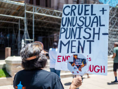 A protester, their back facing the viewer, holds a sign reading "CRUEL AND UNUSUAL PUNISHMENT; ENOUGH IS ENOUGH" during an outdoor protest