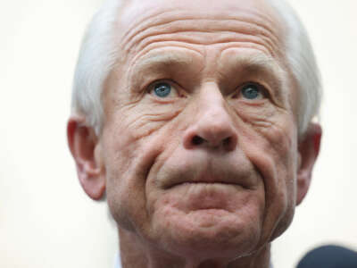 Peter Navarro stands against a cloudy sky