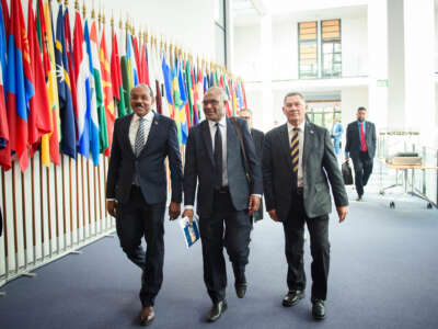 Gaston Browne (L-R), Prime Minister of Antigua and Barbuda, Arnold Loughman, Attorney General of Vanuatu, and Kausea Natano, Prime Minister of Tuvalu