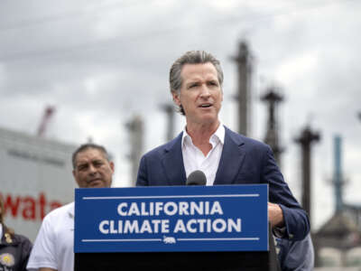 California Gov. Gavin Newsom tours World Energy, a low-carbon solutions provider, in Paramount, California, on May 1, 2023.