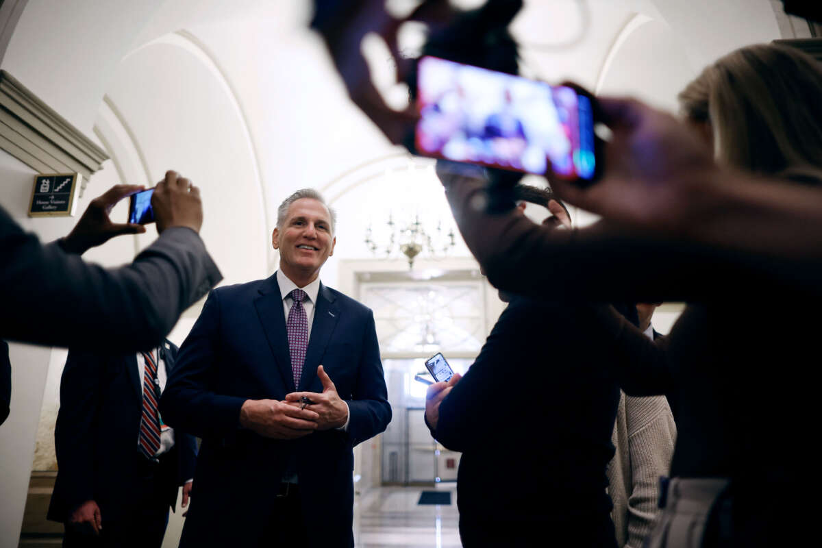 Speaker of the House Kevin McCarthy talks to reporters as the arrives at the U.S. Capitol on September 18, 2023, in Washington, D.C.
