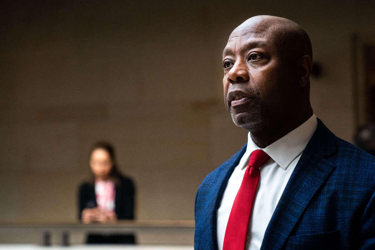 Sen. Tim Scott makes his way to a closed-door briefing for Senators about the Chinese spy balloon at the U.S. Capitol on February 9, 2023, in Washington, D.C.