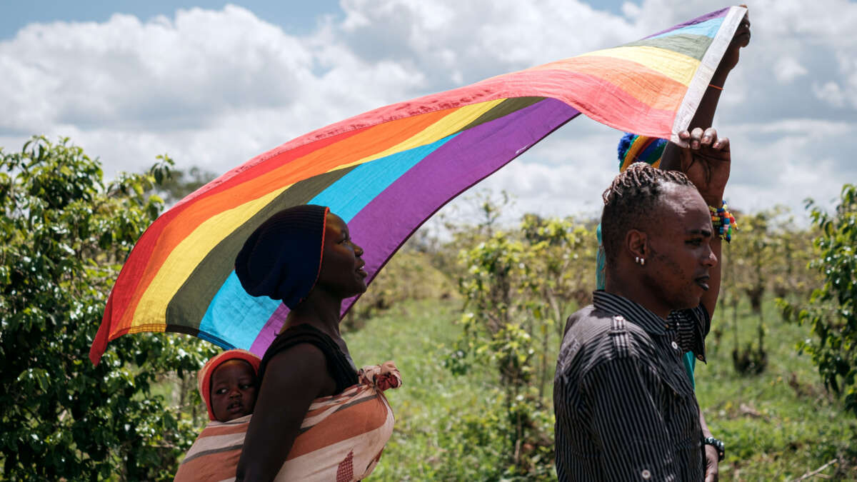 LGBT refugees from South Sudan, Uganda and DR Congo walk on the way to their protest to demand their protection at the office of the United Nations High Commissioner for Refugees (UNHCR) in Nairobi, Kenya, on May 17, 2019.