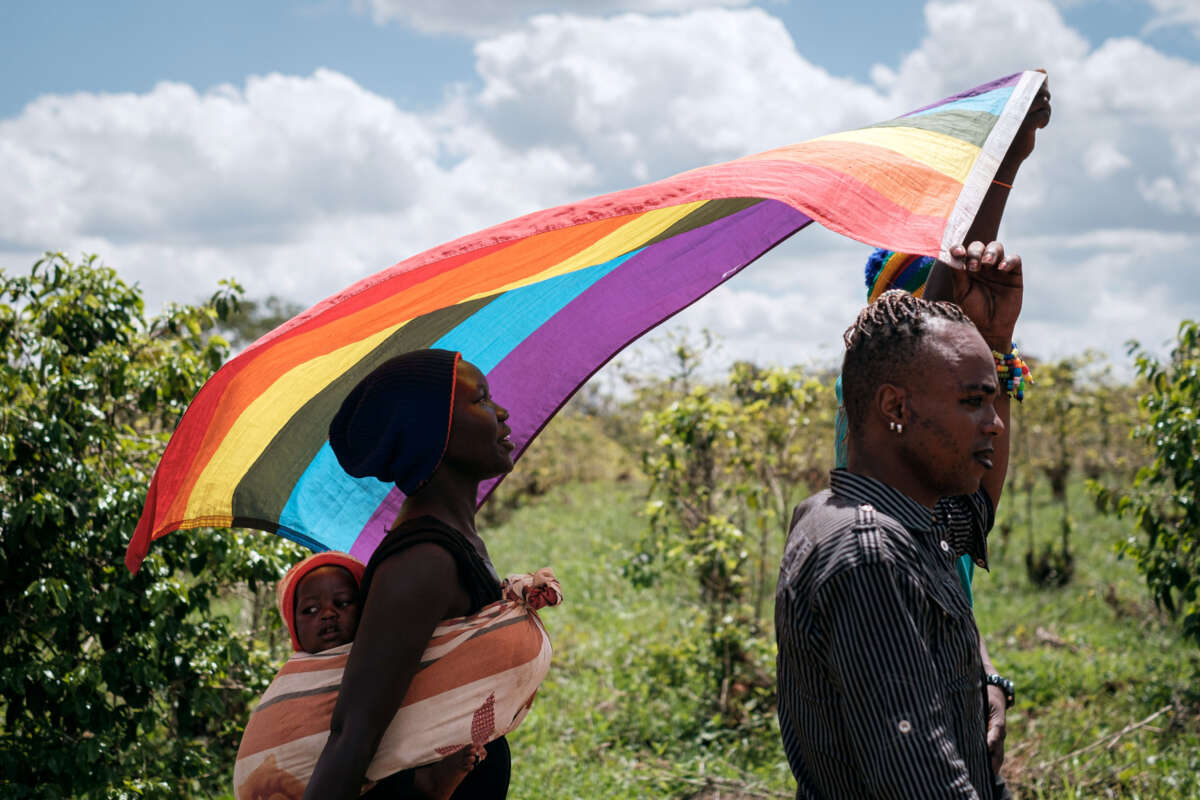 LGBT refugees from South Sudan, Uganda and DR Congo walk on the way to their protest to demand their protection at the office of the United Nations High Commissioner for Refugees (UNHCR) in Nairobi, Kenya, on May 17, 2019.