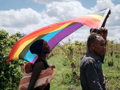 LGBT refugees from South Sudan, Uganda and DR Congo walk on the way to their protest to demand their protection at the office of the United Nations High Commissioner for Refugees (UNHCR) in Nairobi, Kenya, on May 17, 2019.