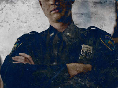 Distressed image of police officer crossing his arms