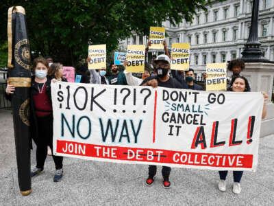 Student loan borrowers gather near The White House to tell President Biden to cancel student debt on May 12, 2020, in Washington, D.C.