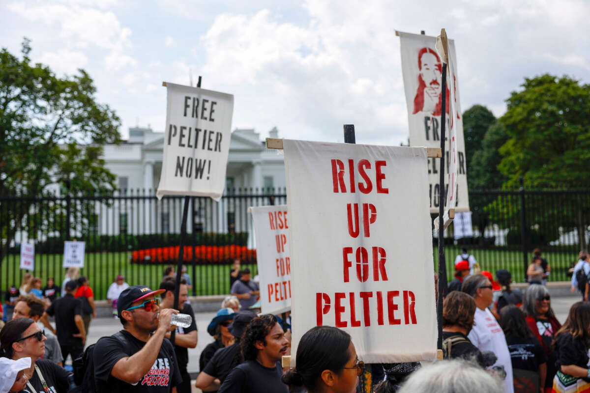 Activists participate in a protest to urge U.S. President Joe Biden to grant Native American activist Leonard Peltier clemency outside of the White House on September 12, 2023, in Washington, D.C.