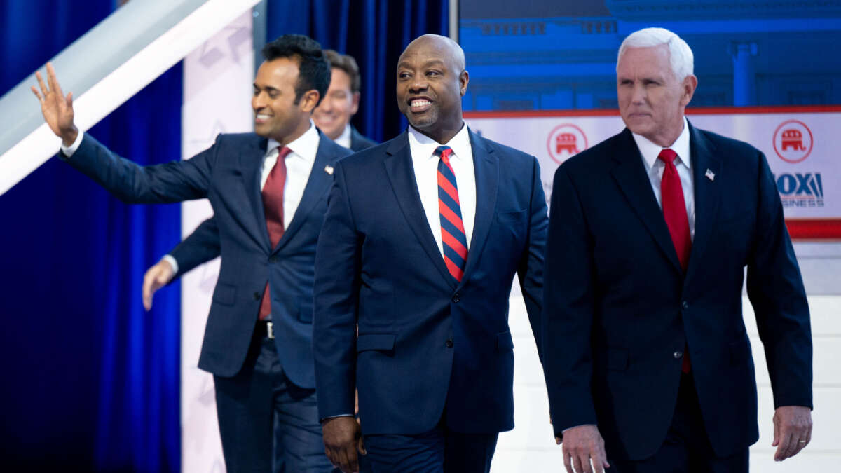 Republican presidential candidates (from left) Vivek Ramaswamy, Ron Desantis, Tim Scott, and Mike Pence arrive for the start of the second GOP debate at the Ronald Reagan Presidential Library in Simi Valley, California, on September 27, 2023.