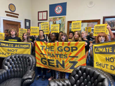 Activists from the Sunrise Movement occupy Speaker of the House Kevin McCarthy's office on September 28, 2023.