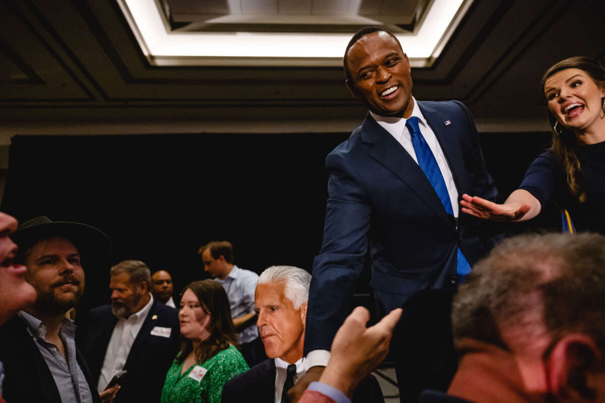 Kentucky Attorney General Daniel Cameron greets supporters following his victory in the Republican primary for governor at an election night watch party at the Galt House Hotel on May 16, 2023, in Louisville, Kentucky.