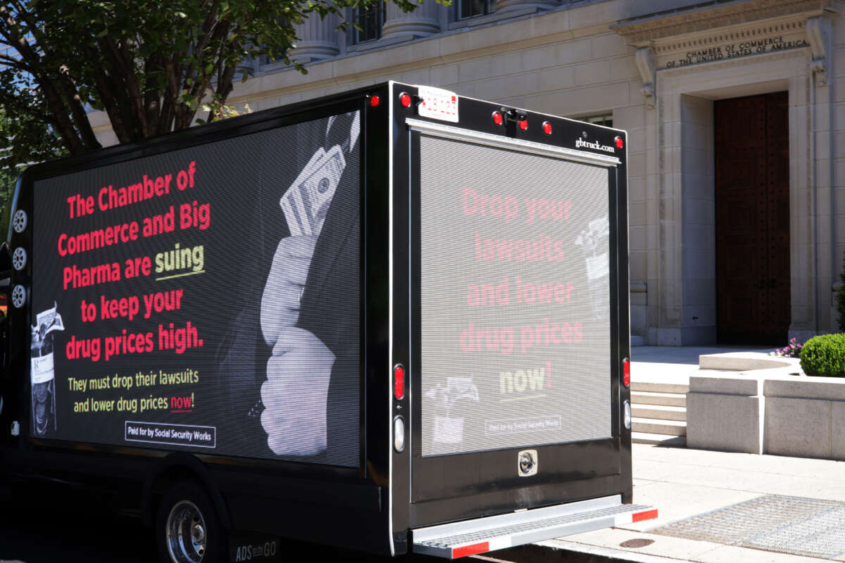 A truck with an ad that calls on keeping drug prices low is parked during a rally in front of the U.S. Chamber of Commerce on August 16, 2023, in Washington, D.C.