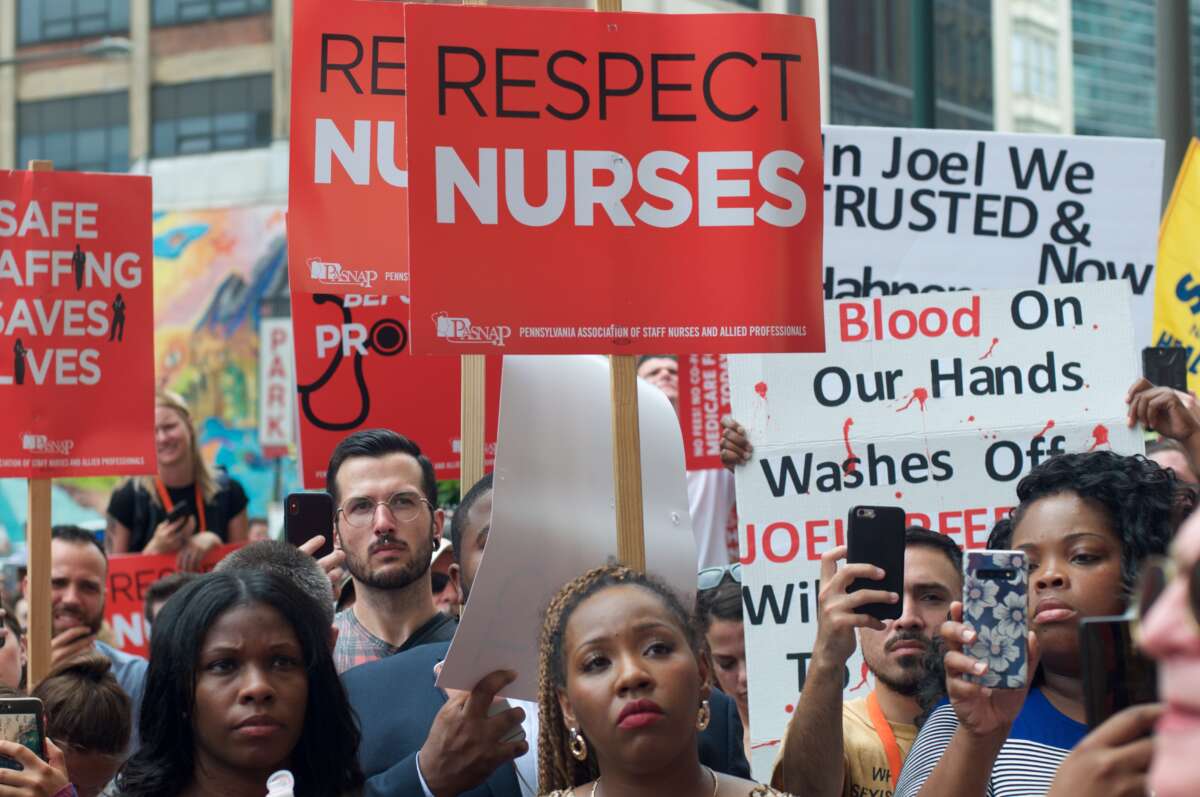 Hospital workers and supporters protest the closure of Hahnemann University Hospital at a rally in Philadelphia, Pennsylvania, on July 11, 2019.