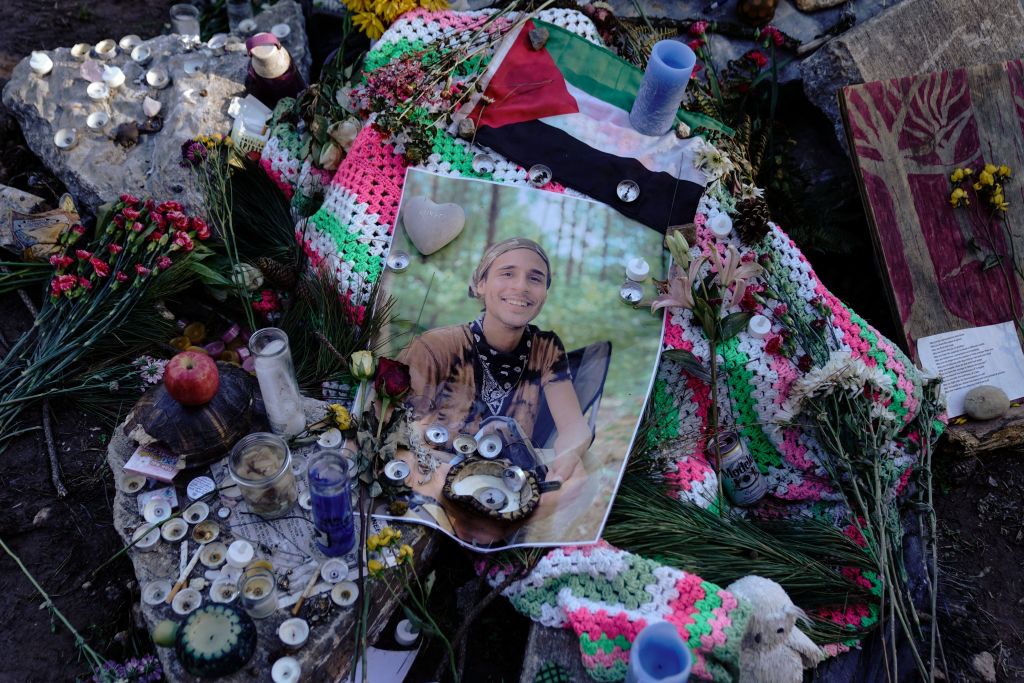 A makeshift memorial for Forest Defender Manuel Esteban Paez "Tortuguita" Terán, who was killed by law enforcement during a raid to clear the construction site of a police training facility activists have dubbed "Cop City," near Atlanta, Georgia, on February 6, 2023.