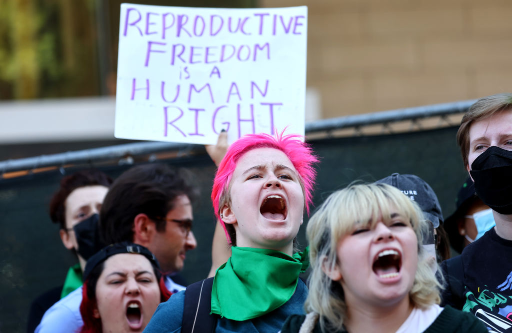 Abortion rights supporters protest the U.S. Supreme Court decision to end federal abortion rights protections outside the First Street U.S. Courthouse in Los Angeles, California, on June 27, 2022.