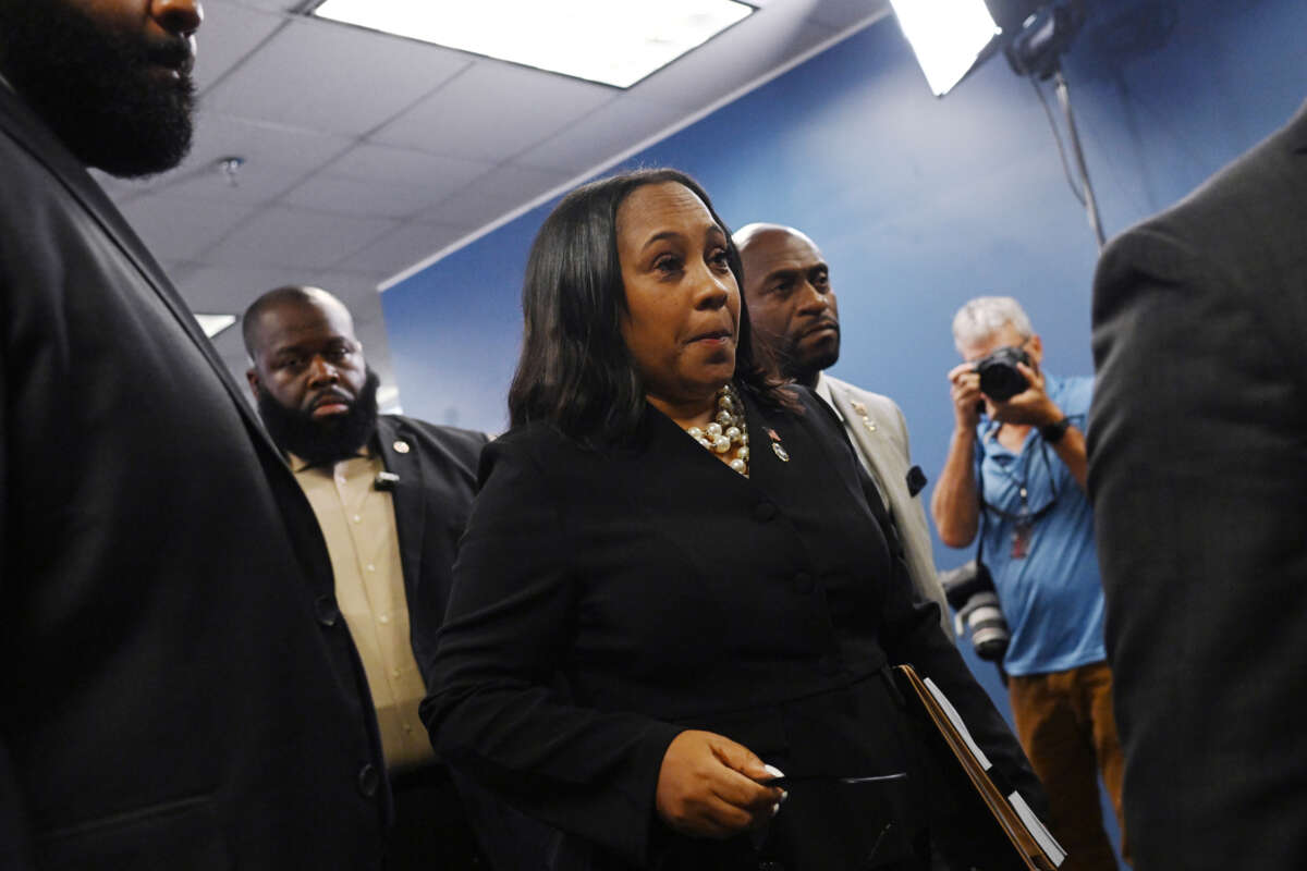 Fulton County District Attorney Fani Willis speaks during a news conference at the Fulton County Government building on August 14, 2023, in Atlanta, Georgia.