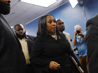 Fulton County District Attorney Fani Willis speaks during a news conference at the Fulton County Government building on August 14, 2023, in Atlanta, Georgia.