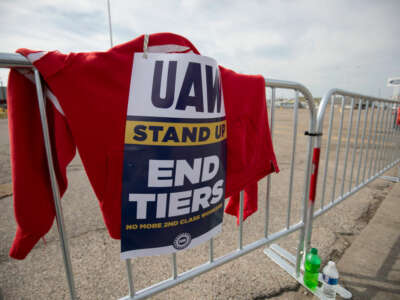 United Auto Workers members strike at the Ford Michigan Assembly Plant on September 16, 2023, in Wayne, Michigan.