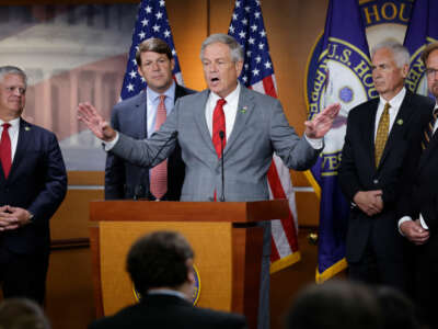 House Budget Committee members, Representatives Drew Ferguson, Jodey Arrington, Ralph Norman, Tom McClintock and Chuck Edwards unveil their proposed budget for fiscal year 2024 at the U.S. Capitol Visitors Center on September 19, 2023, in Washington, D.C.