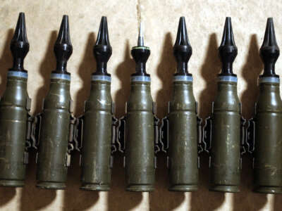 A row of U.S. Army 25mm rounds of depleted uranium ammunition in Tikrit, Iraq, on February 11, 2004.