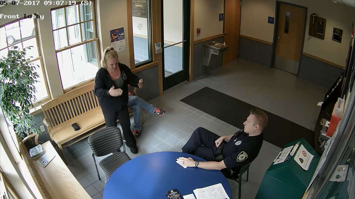 Nicole Chase’s first interview with Canton Police Officer Adam Gompper occurs in the Police Department’s front lobby in May 2017. 