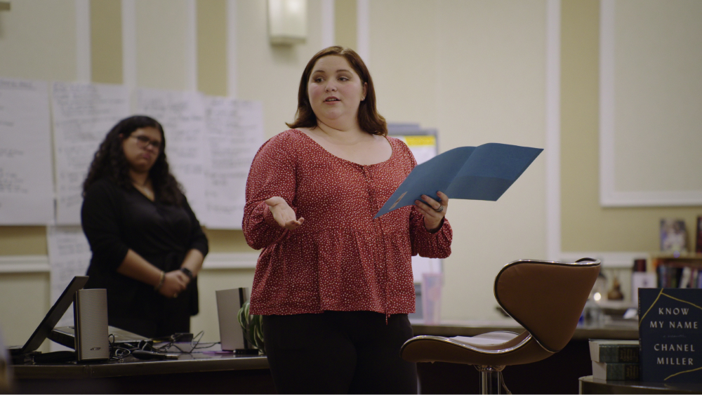 Emma Mannion (foreground) and Dyanie Bermeo (background) present to a group of police officers during a sexual assault investigation training session in San Diego in November 2021.