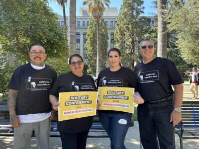 Arthur (a solitary survivor), Dolores Canales, Arthur's wife Jennifer and Dolores's husband Jack Morris take part in a lobbying day in Sacramento, California, on September 7, 2023.