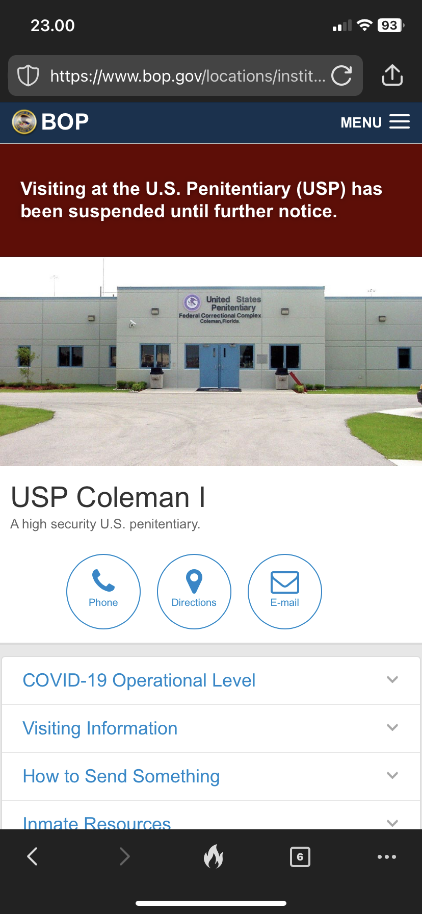 A screenshot taken on September 18, 2023, of the Bureau of Prisons’ page on USP Coleman I indicates, “Visiting at the U.S. Penitentiary (USP) has been suspended until further notice.”