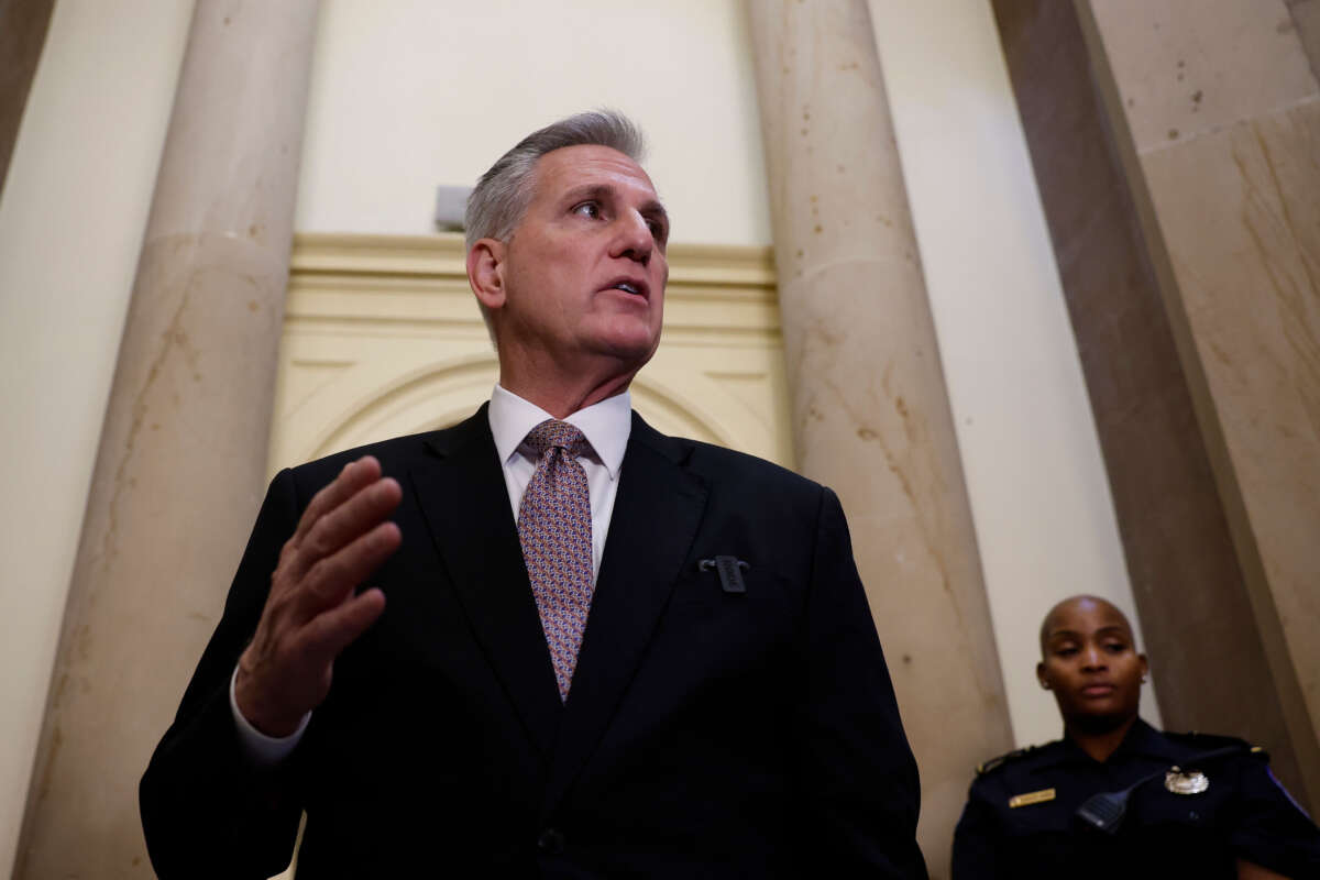 Speaker of the House Kevin McCarthy speaks to reporters outside of his office after arriving at the U.S. Capitol Building on October 2, 2023, in Washington, D.C.