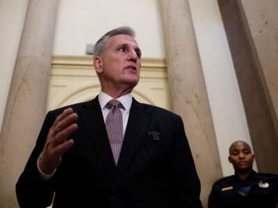 Speaker of the House Kevin McCarthy speaks to reporters outside of his office after arriving at the U.S. Capitol Building on October 2, 2023, in Washington, D.C.