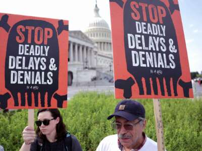 Two people hold signs reading "STOP DEADLY DELAYS AND DENIALS" during an outdoor rally at the U.S. capitol