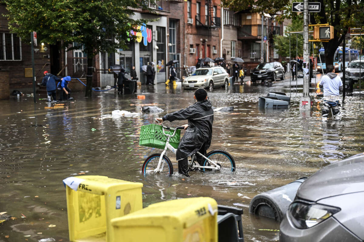 A general view of a flooded street in Williamsburg, New York, on September 29, 2023.