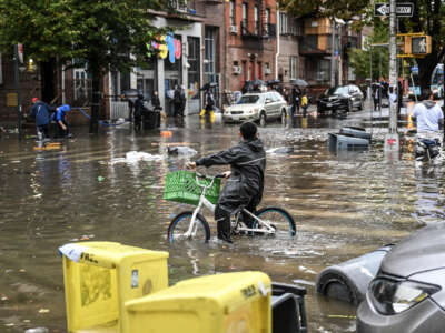 A general view of a flooded street in Williamsburg, New York, on September 29, 2023.