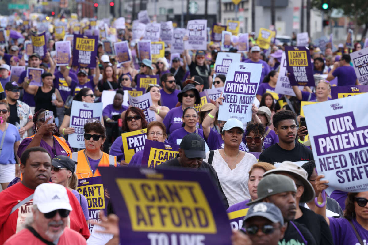 Healthcare workers take part in a rally at Kaiser Permanente's main medical facility in Kaiser P on Monday, September 4, 2023, in Los Angeles, California.
