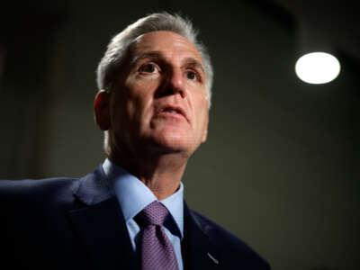 Speaker of the House Kevin McCarthy talks to reporters following a House Republican conference meeting in the U.S. Capitol on October 3, 2023, in Washington, D.C.