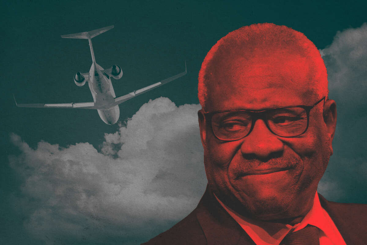 Collage with Associate Supreme Court Justice Clarence Thomas and a private jet in the sky