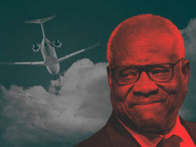 Collage with Associate Supreme Court Justice Clarence Thomas and a private jet in the sky